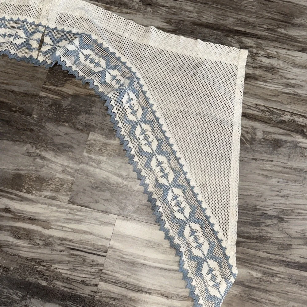 Set of 2 Vintage Curtain Curtains Blue Lace Cream Blue Cottage Crochet Lace